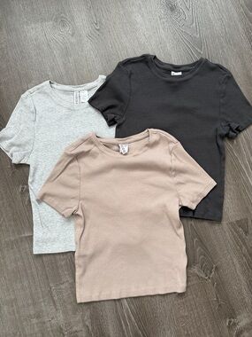 H&M Short Sleeve Ribbed Tee 3-Pack - Blackish/Dark Gray, Light Gray, Taupe